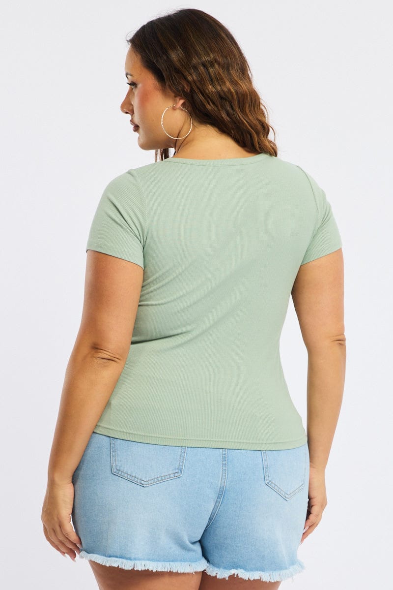 Green Button Front Top Short Sleeve Rib for YouandAll Fashion