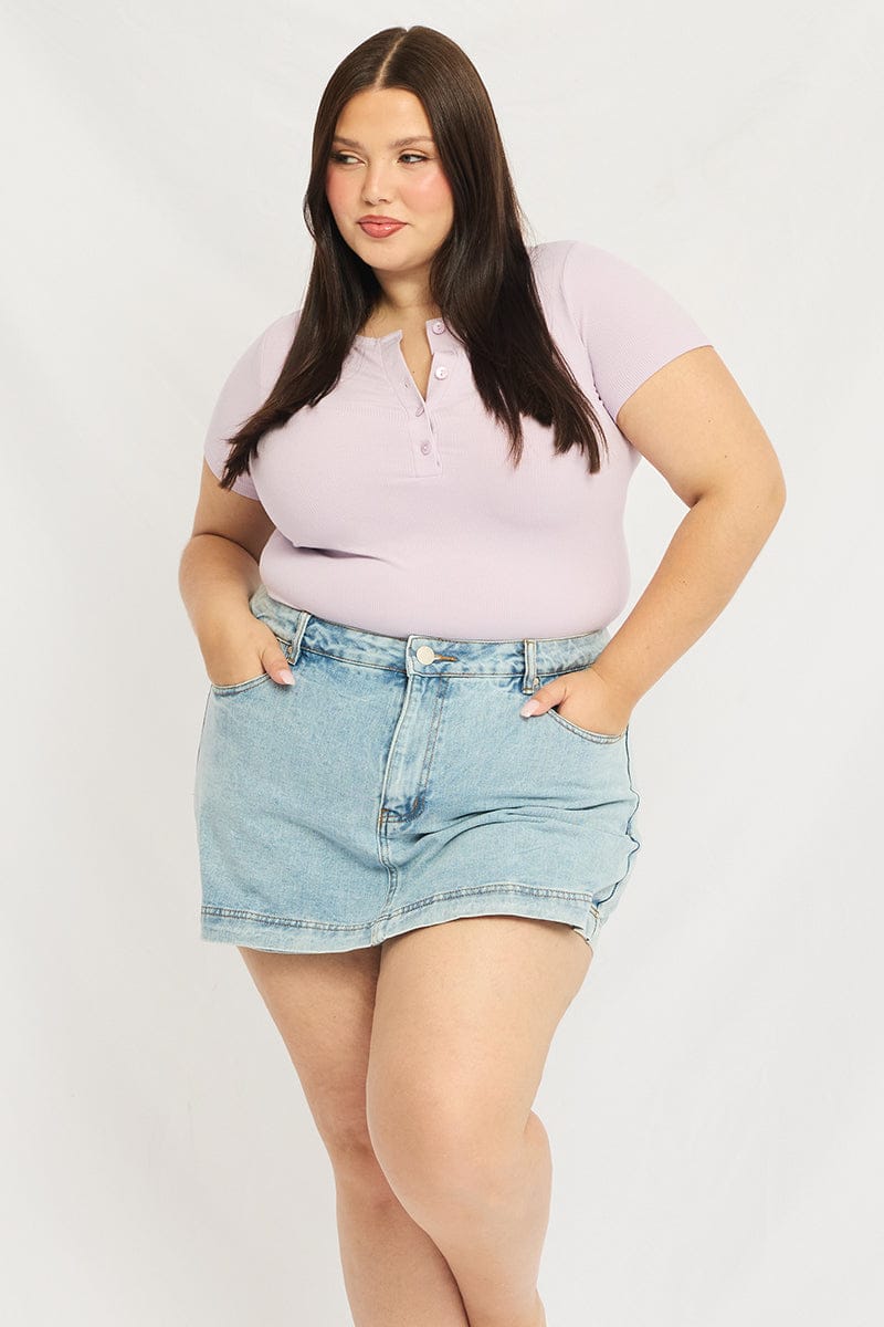 Purple Button Front Top Short Sleeve Rib for YouandAll Fashion