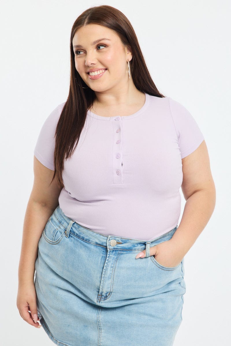 Purple Button Front Top Short Sleeve Rib for YouandAll Fashion