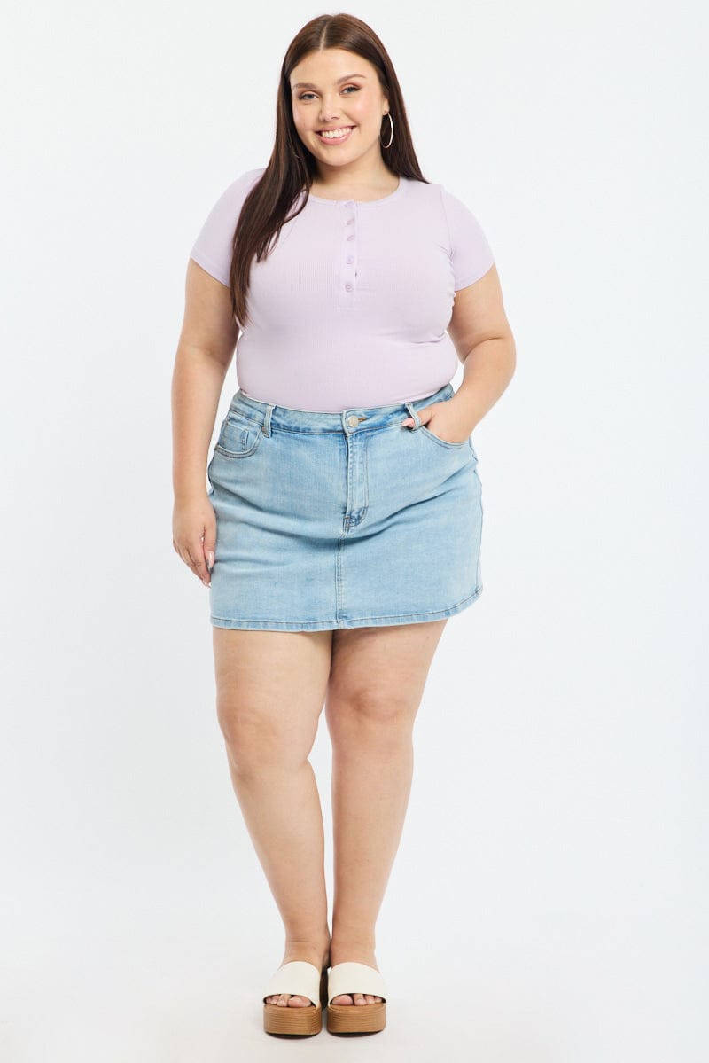 Purple Button Front Top Short Sleeve Rib for YouandAll Fashion