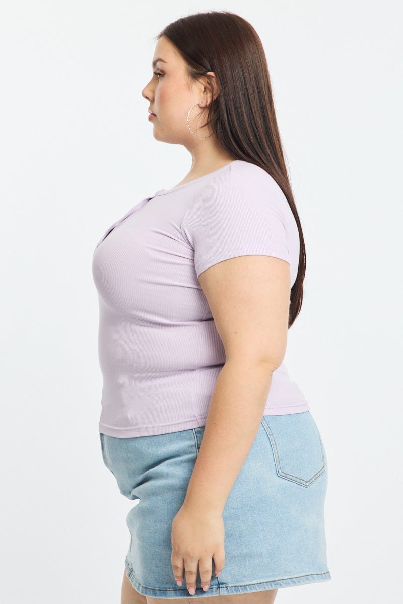 Purple Button Front Top Short Sleeve Rib for YouandAll Fashion