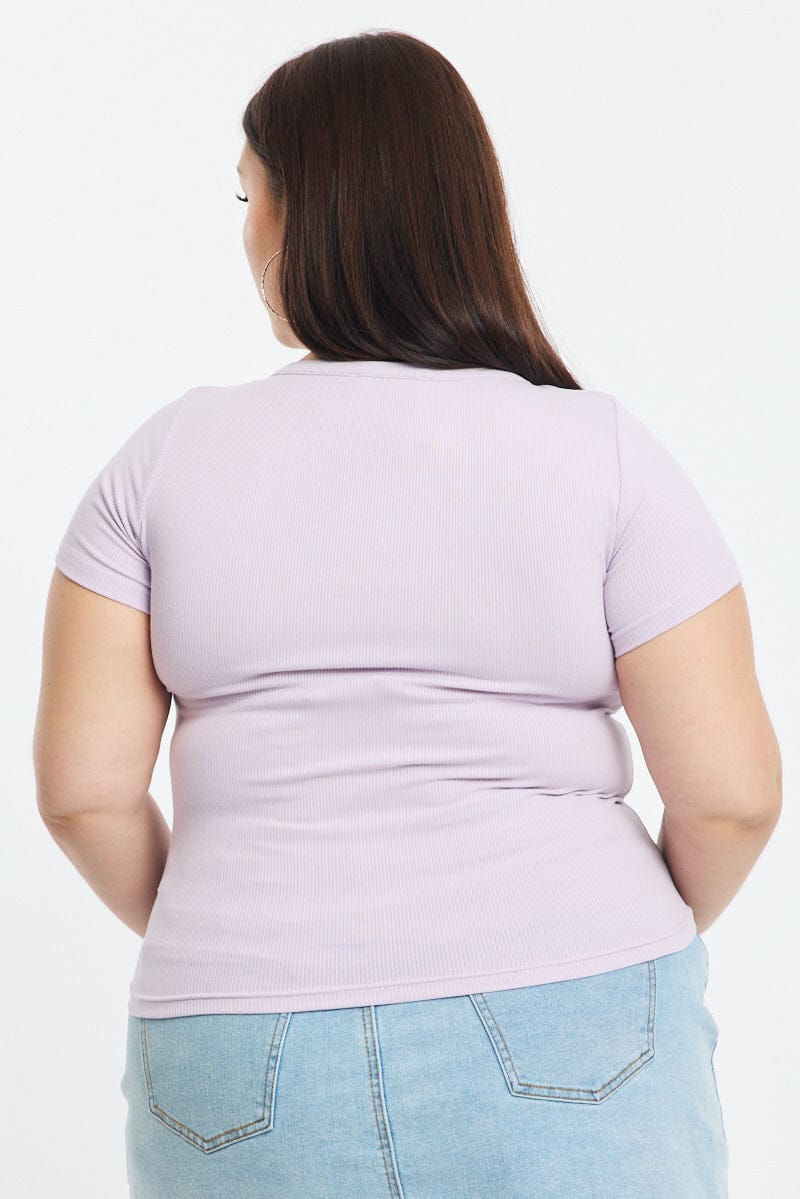 Purple Button Front Top Short Sleeve Rib for YouandAll Fashion