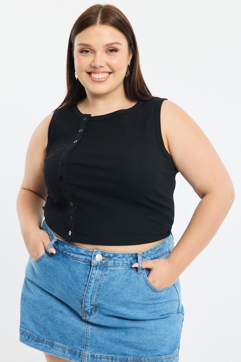 Black Asymmetrical Button Top Sleeveless for YouandAll Fashion
