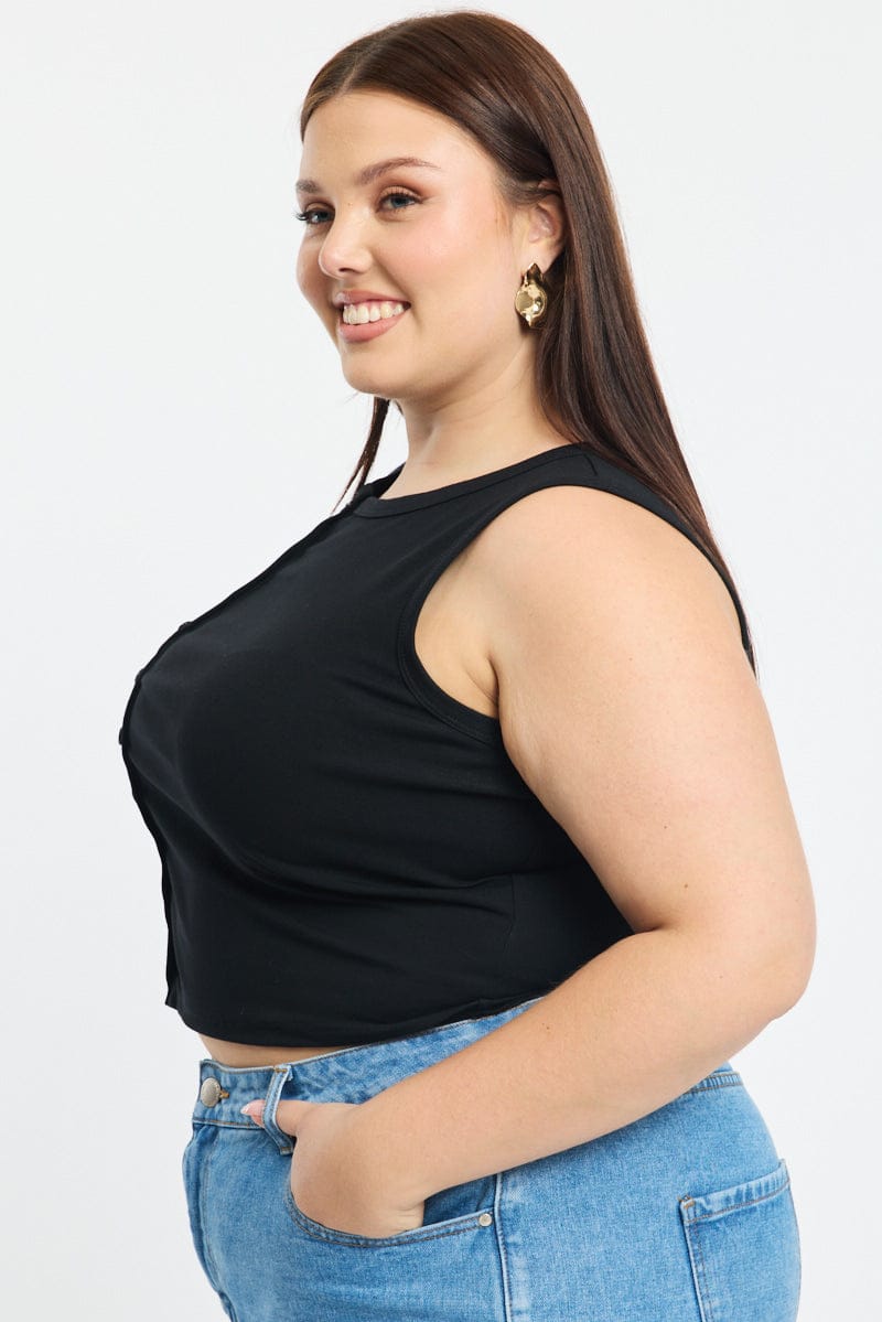 Black Asymmetrical Button Top Sleeveless for YouandAll Fashion