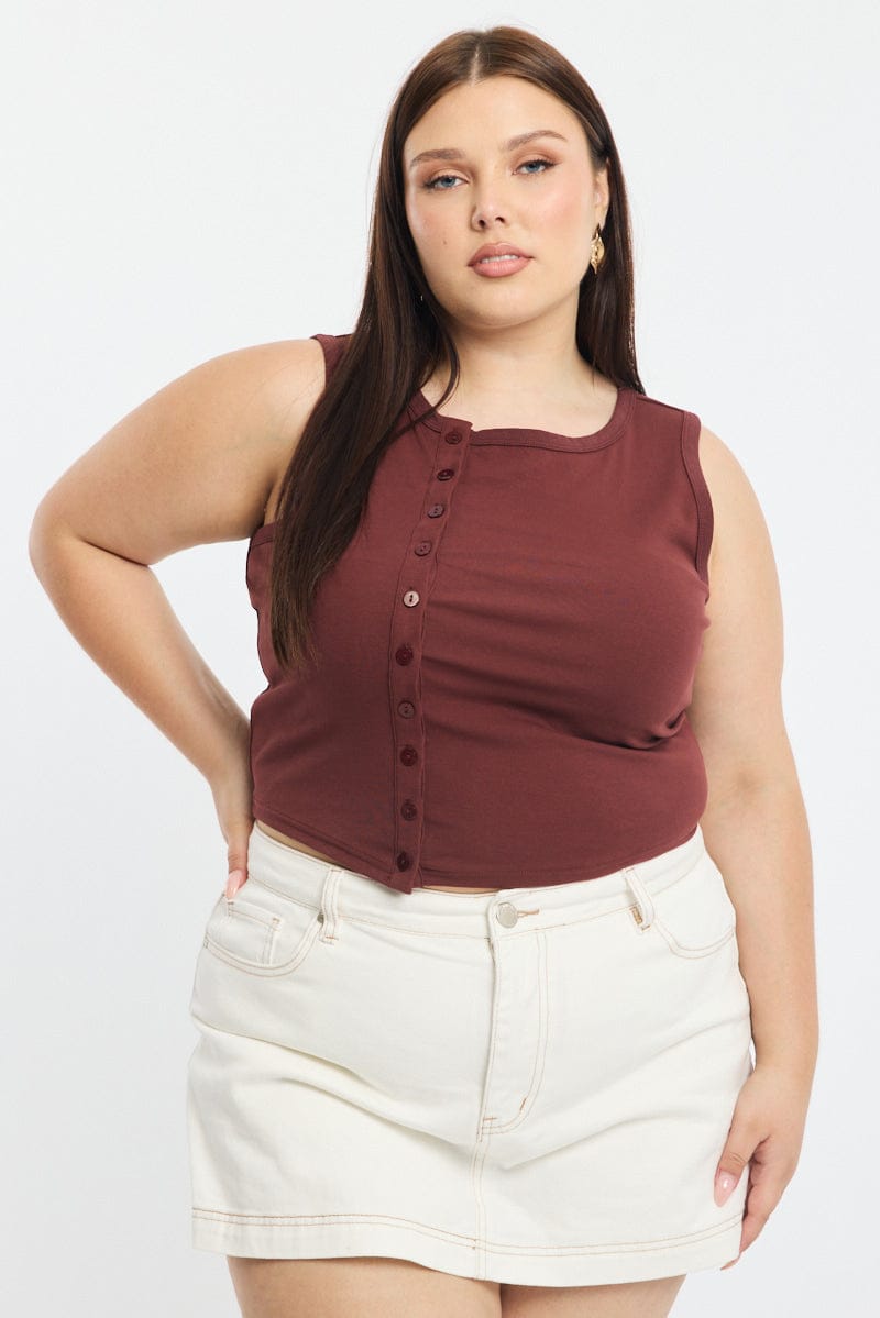 Brown Asymmetrical Button Top Sleeveless for YouandAll Fashion