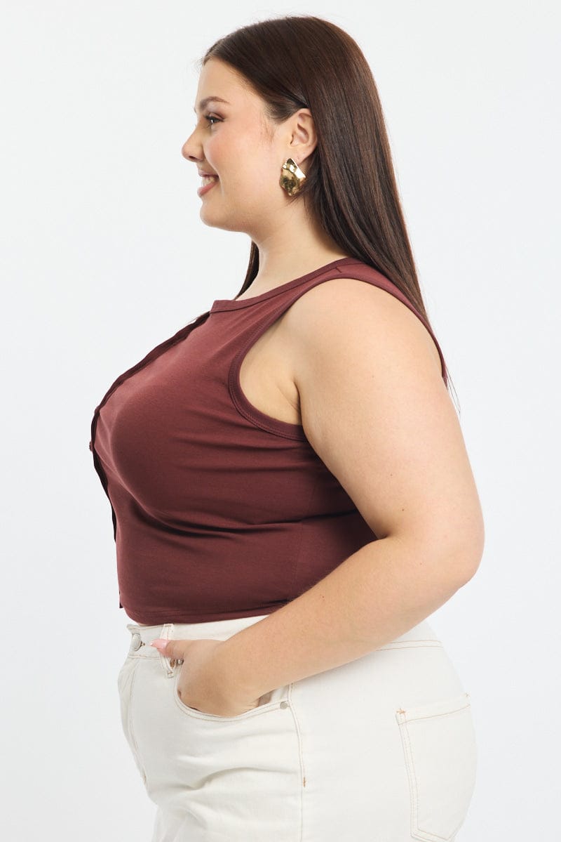 Brown Asymmetrical Button Top Sleeveless for YouandAll Fashion