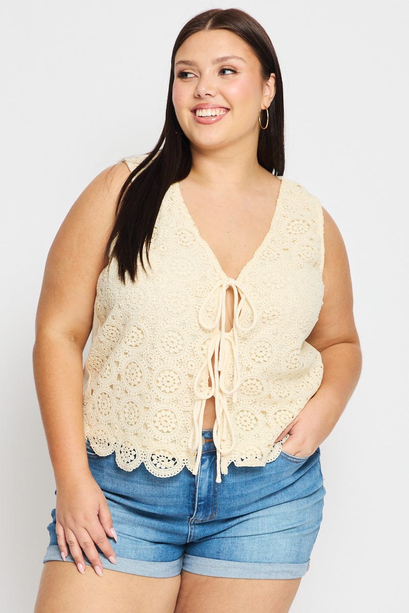 Beige Crochet Vest Tie Front for YouandAll Fashion