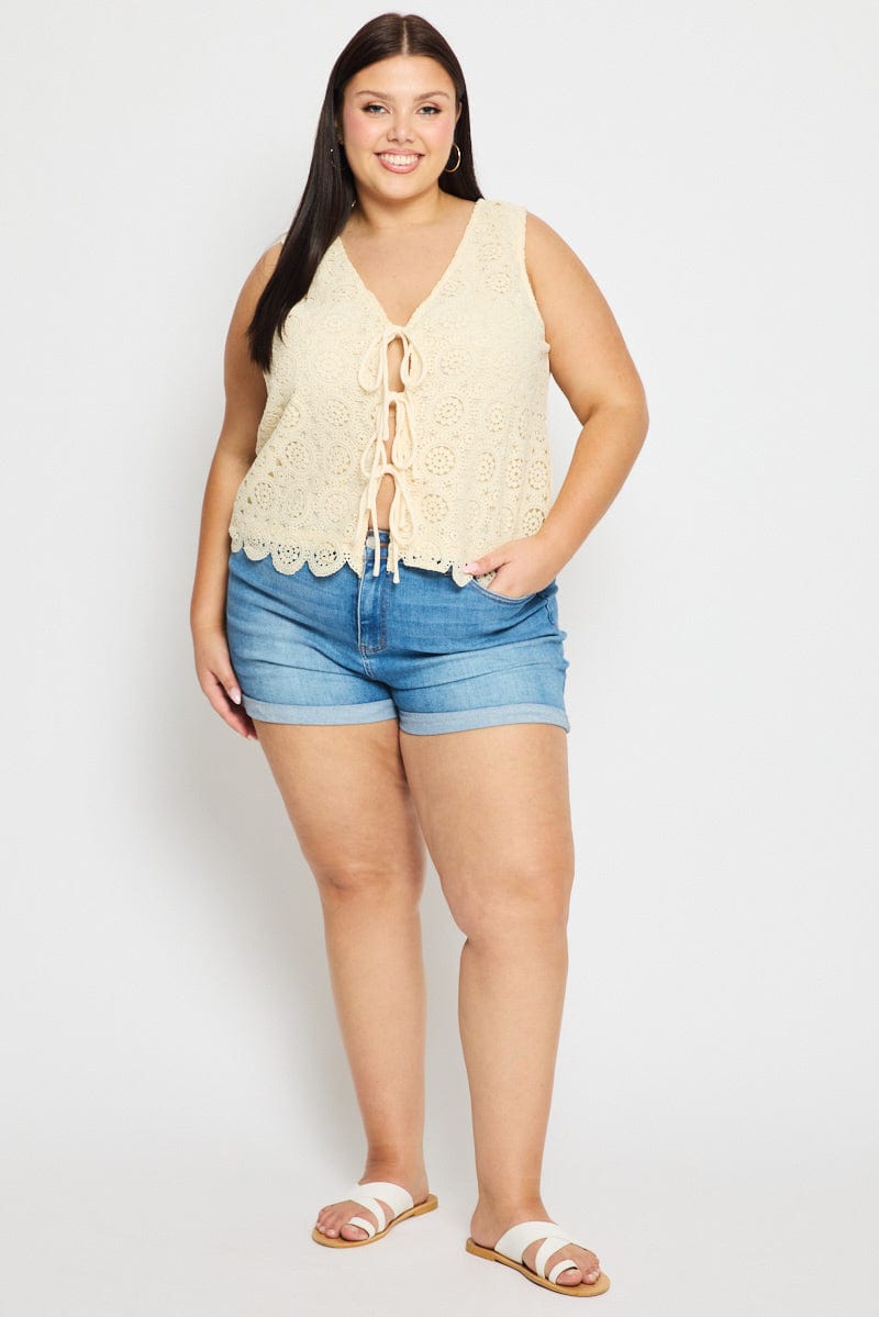 Beige Crochet Vest Tie Front for YouandAll Fashion