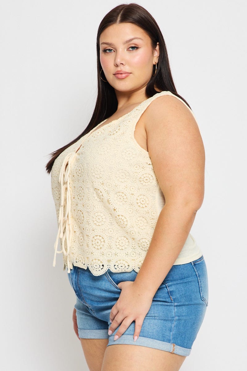 Beige Crochet Vest Tie Front for YouandAll Fashion