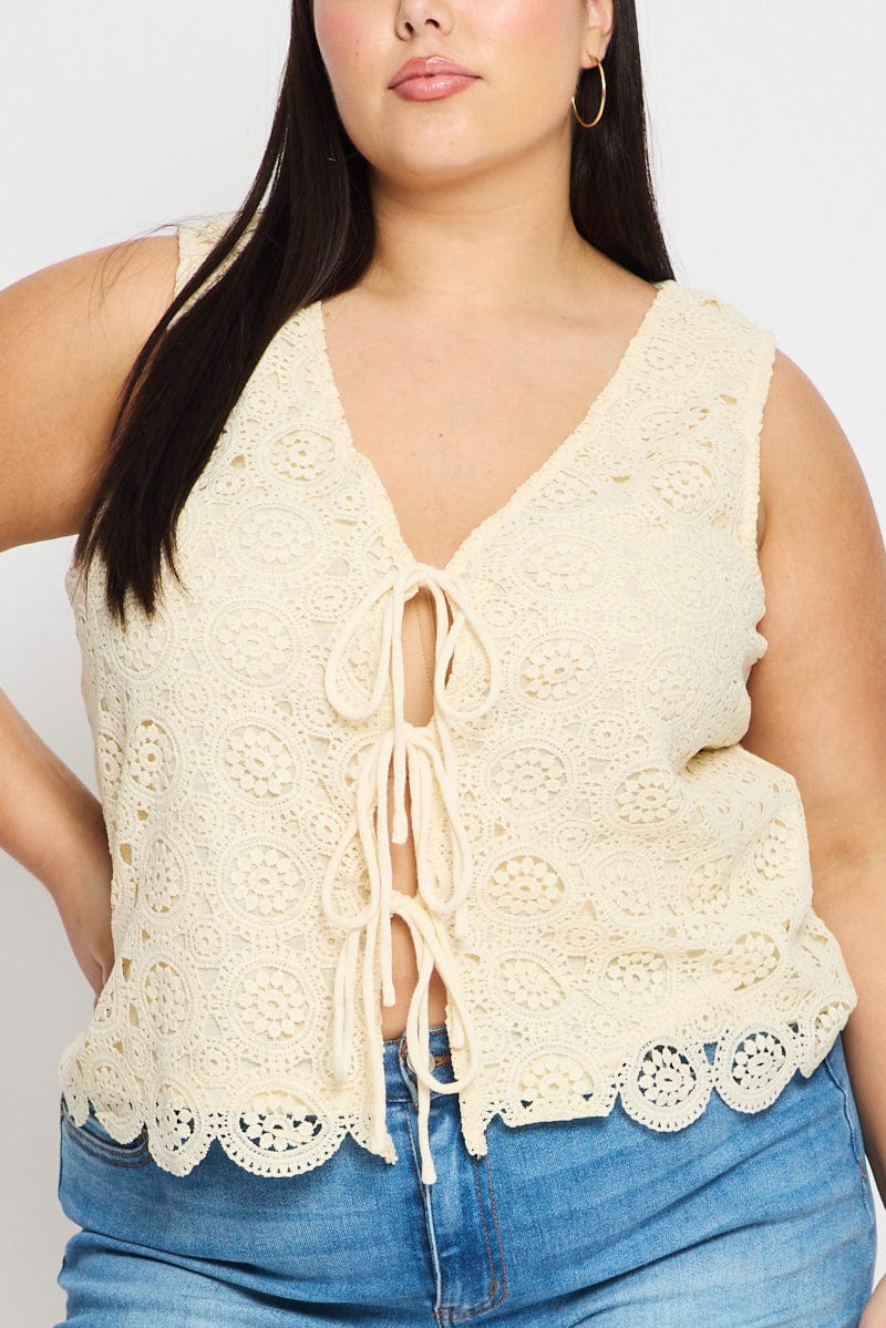 Beige Crochet Vest Tie Front for YouandAll Fashion