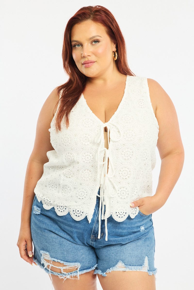 White Crochet Vest Tie Front for YouandAll Fashion