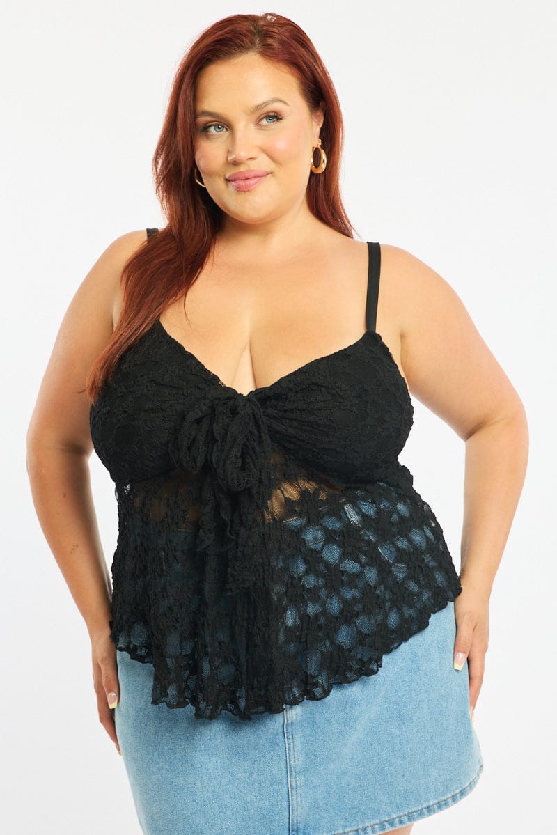 Black Cami Top Sleeveless Tie Front Lace for YouandAll Fashion