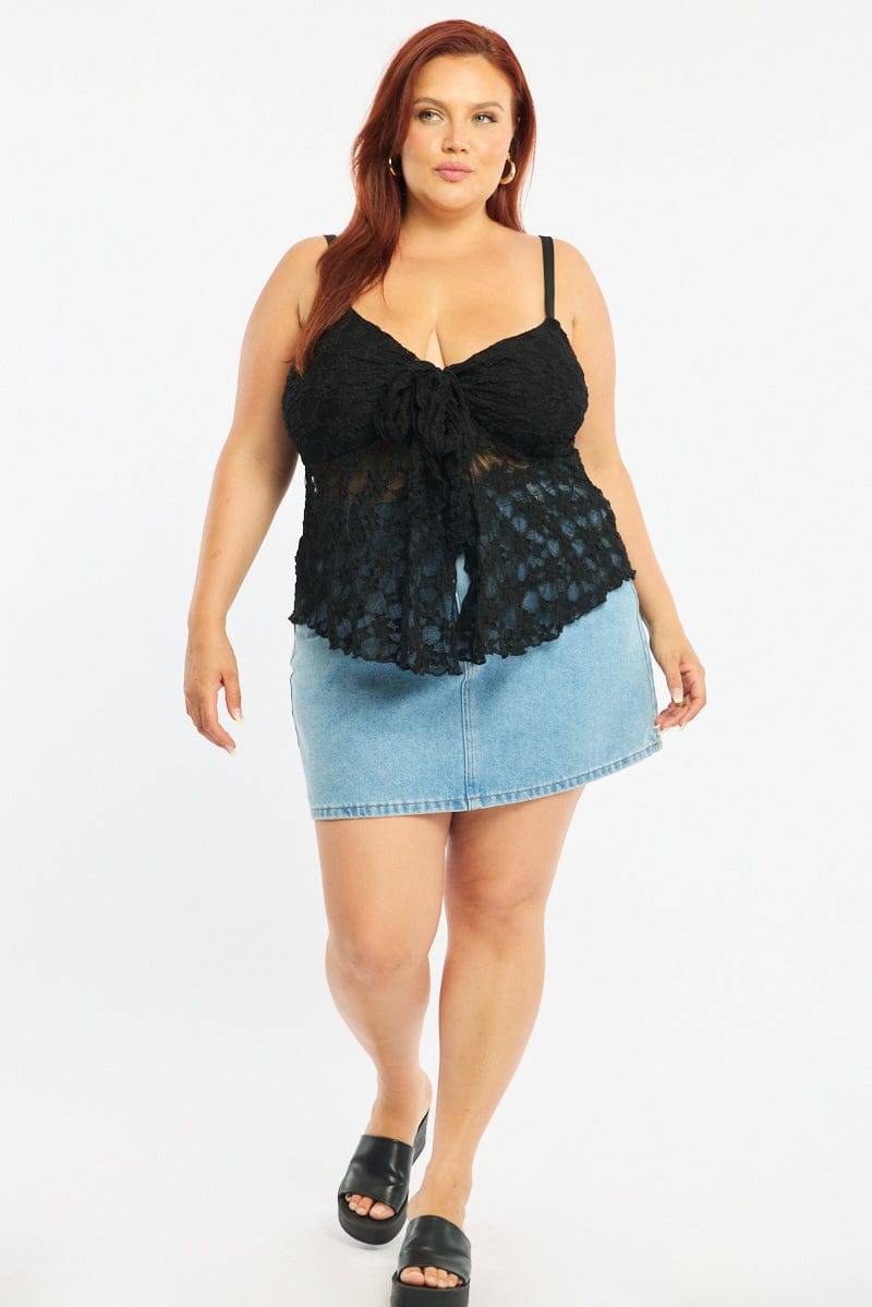 Black Cami Top Sleeveless Tie Front Lace for YouandAll Fashion