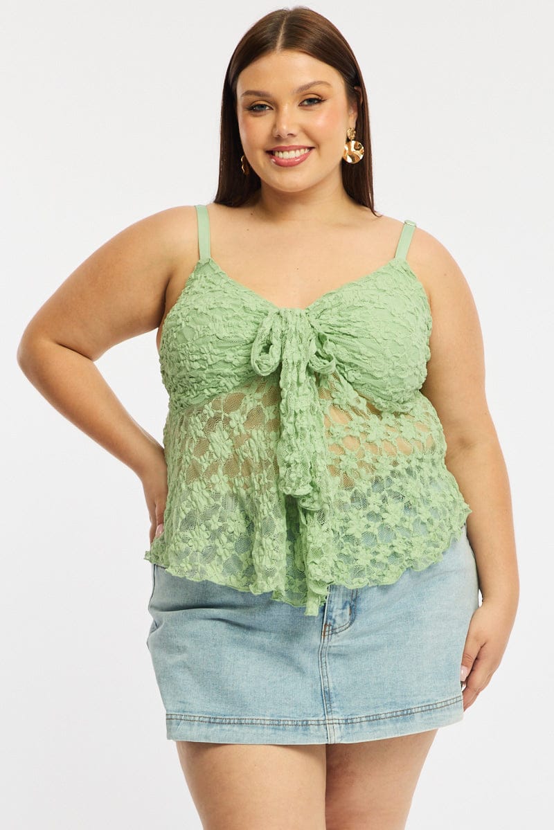 Green Cami Top Sleeveless Tie Front Lace for YouandAll Fashion