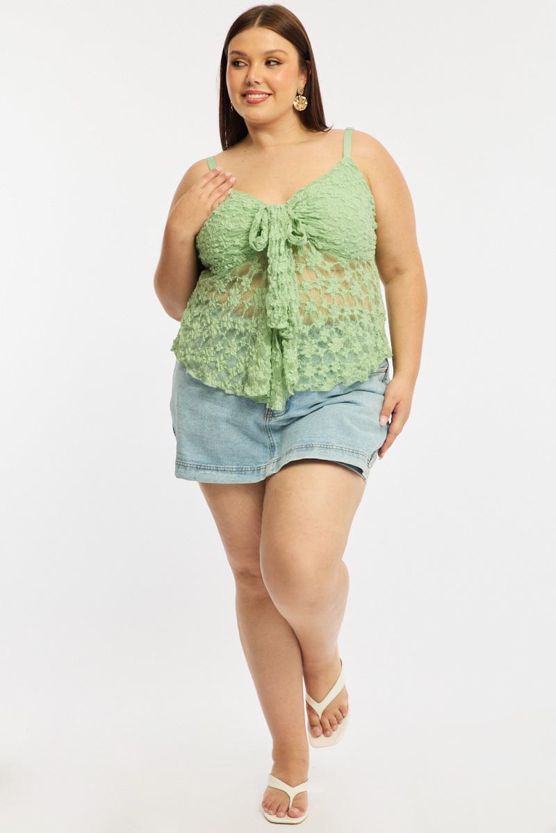 Green Cami Top Sleeveless Tie Front Lace for YouandAll Fashion