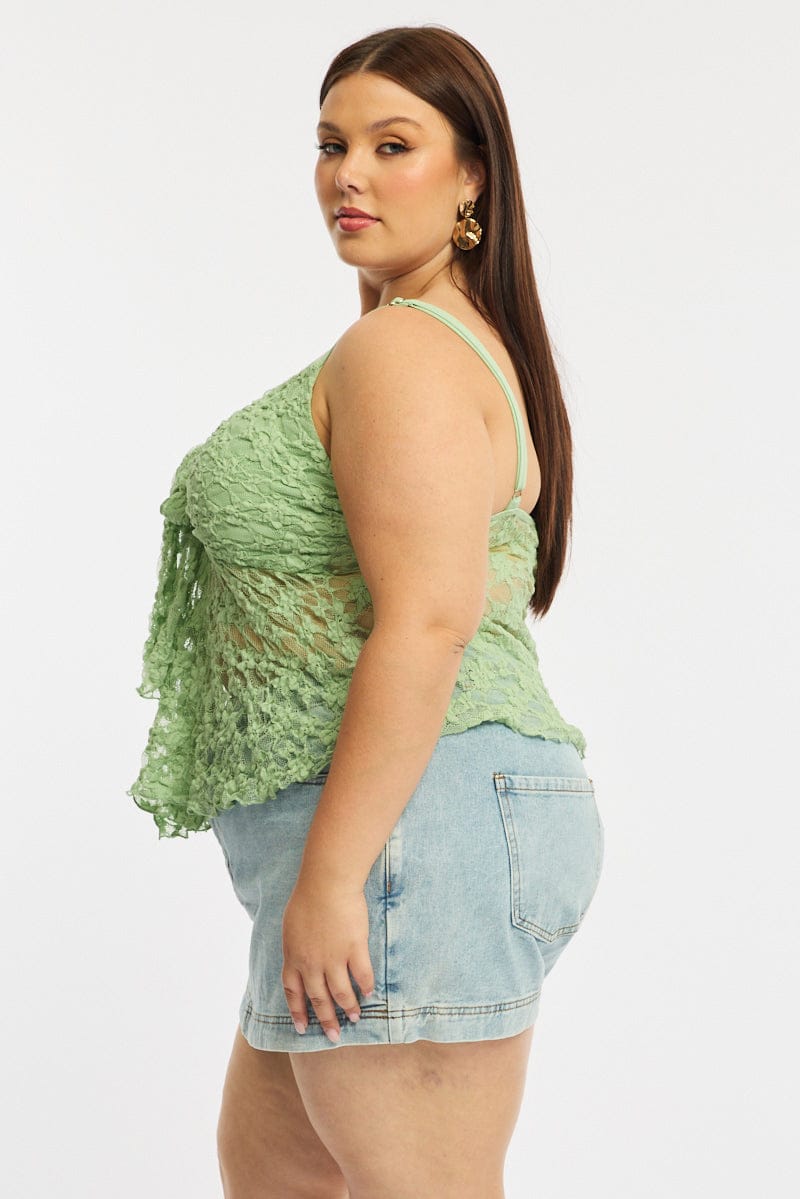 Green Cami Top Sleeveless Tie Front Lace for YouandAll Fashion