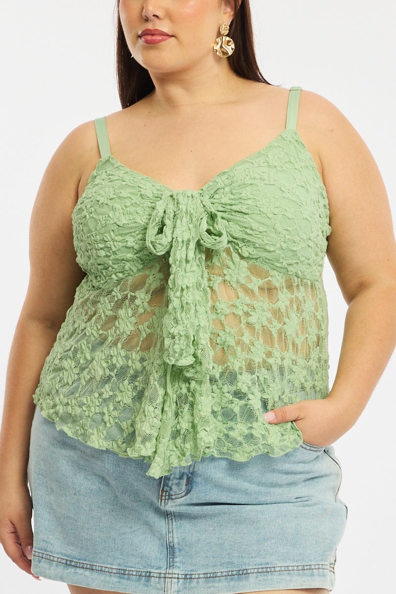 Green Cami Top Sleeveless Tie Front Lace for YouandAll Fashion