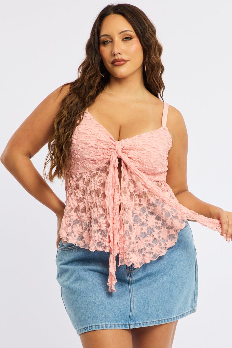Pink Cami Top Sleeveless Tie Front Lace for YouandAll Fashion