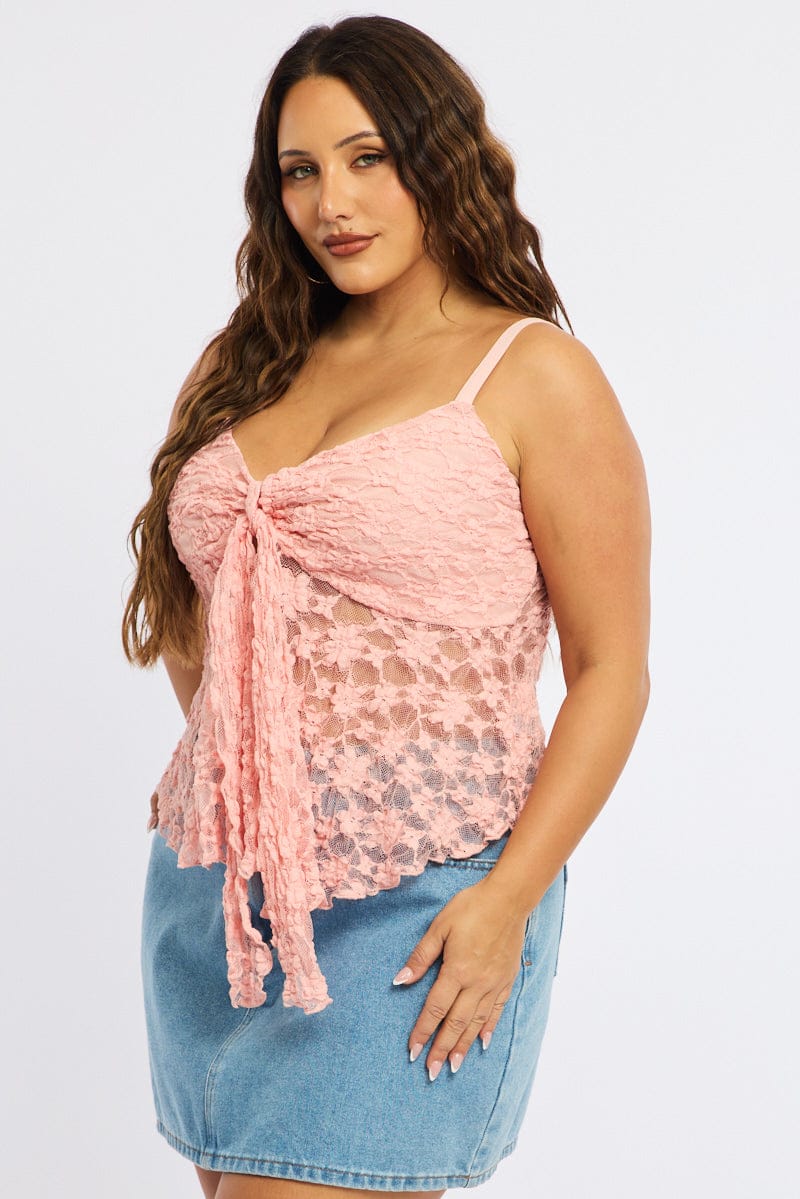Pink Cami Top Sleeveless Tie Front Lace for YouandAll Fashion