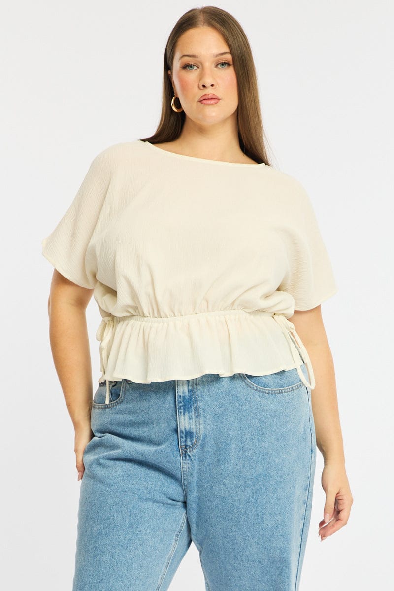 White Textured Top Short Sleeve Waist Tie for YouandAll Fashion