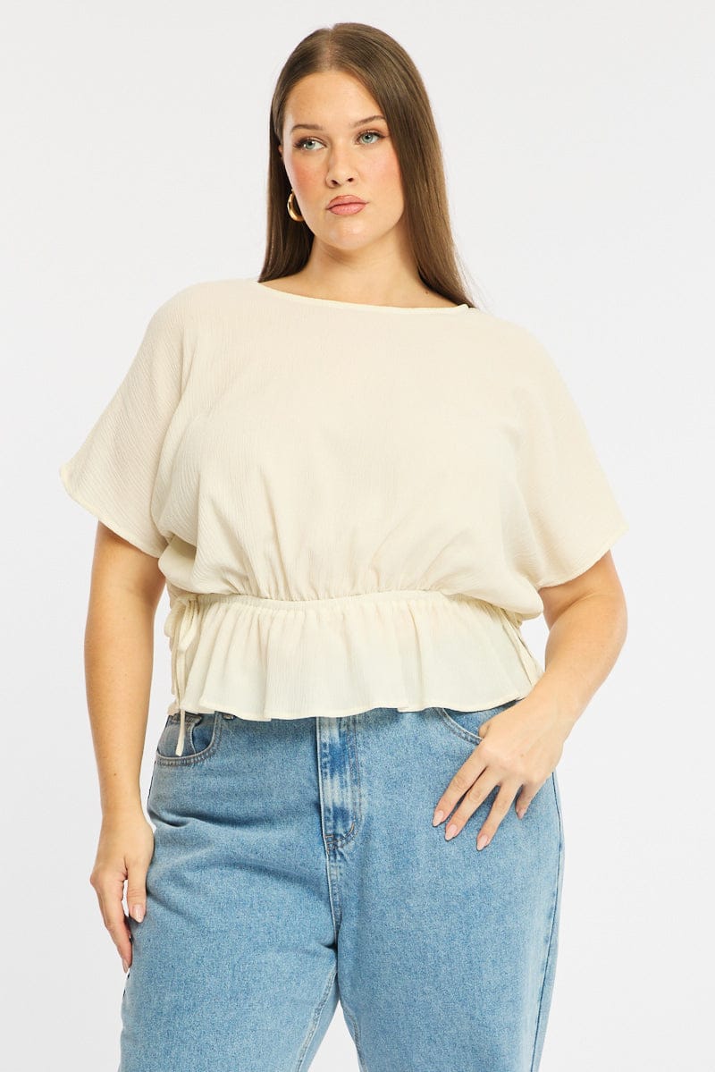 White Textured Top Short Sleeve Waist Tie for YouandAll Fashion