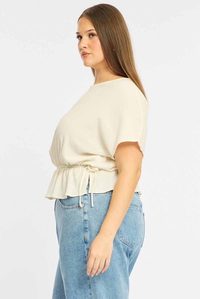 White Textured Top Short Sleeve Waist Tie for YouandAll Fashion