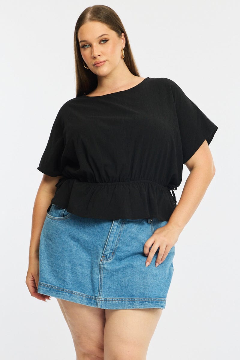Black Textured Top Short Sleeve Waist Tie for YouandAll Fashion