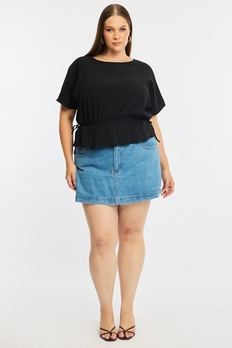 Black Textured Top Short Sleeve Waist Tie for YouandAll Fashion