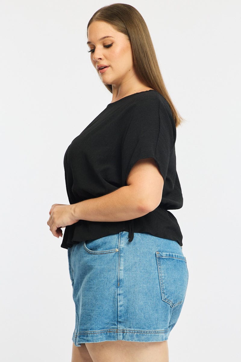 Black Textured Top Short Sleeve Waist Tie for YouandAll Fashion