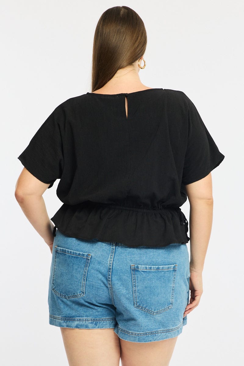 Black Textured Top Short Sleeve Waist Tie for YouandAll Fashion