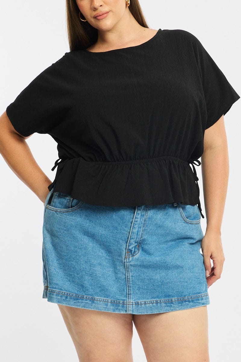 Black Textured Top Short Sleeve Waist Tie for YouandAll Fashion