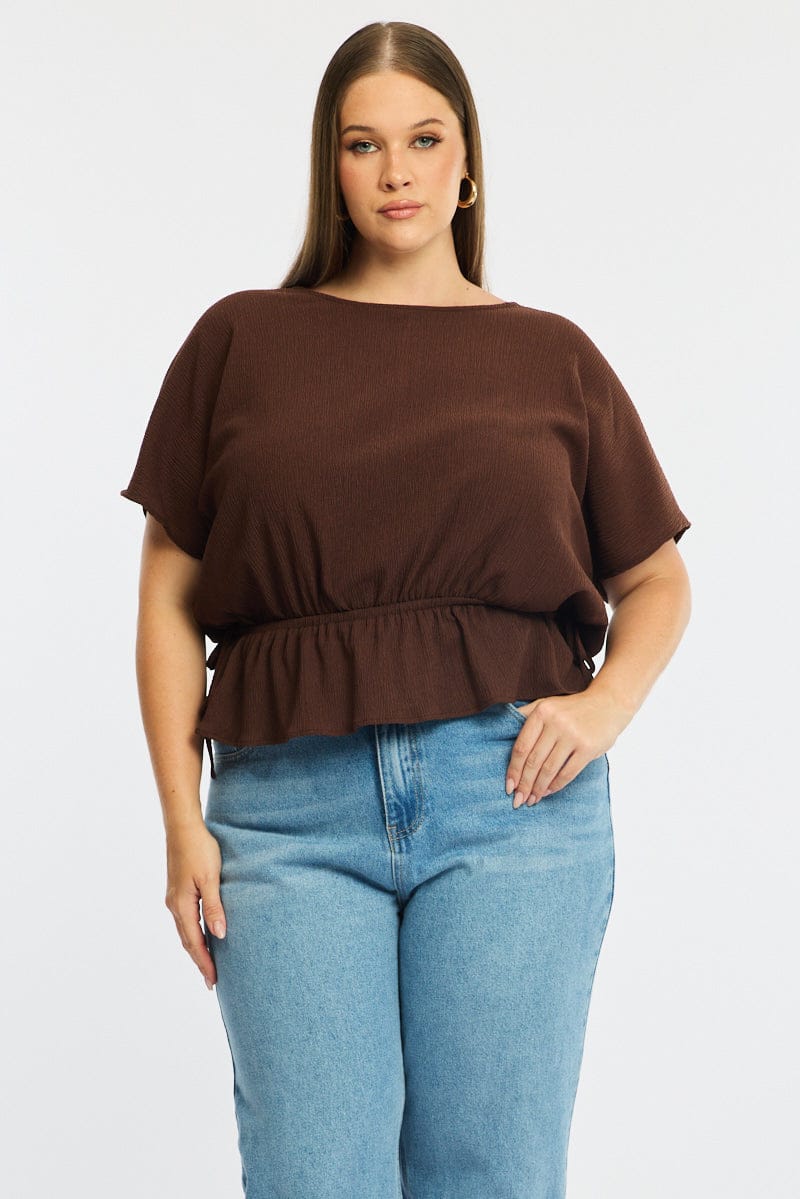 Brown Textured Top Short Sleeve Waist Tie for YouandAll Fashion