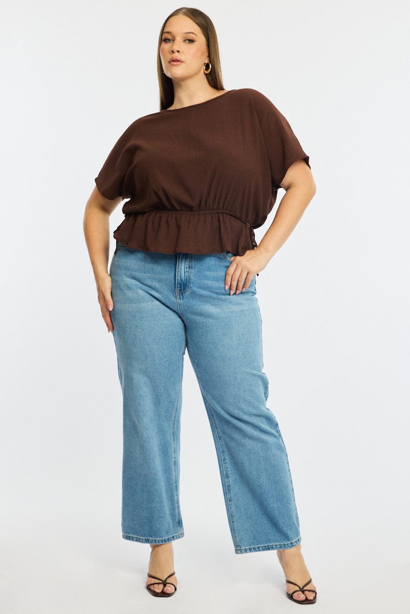 Brown Textured Top Short Sleeve Waist Tie for YouandAll Fashion