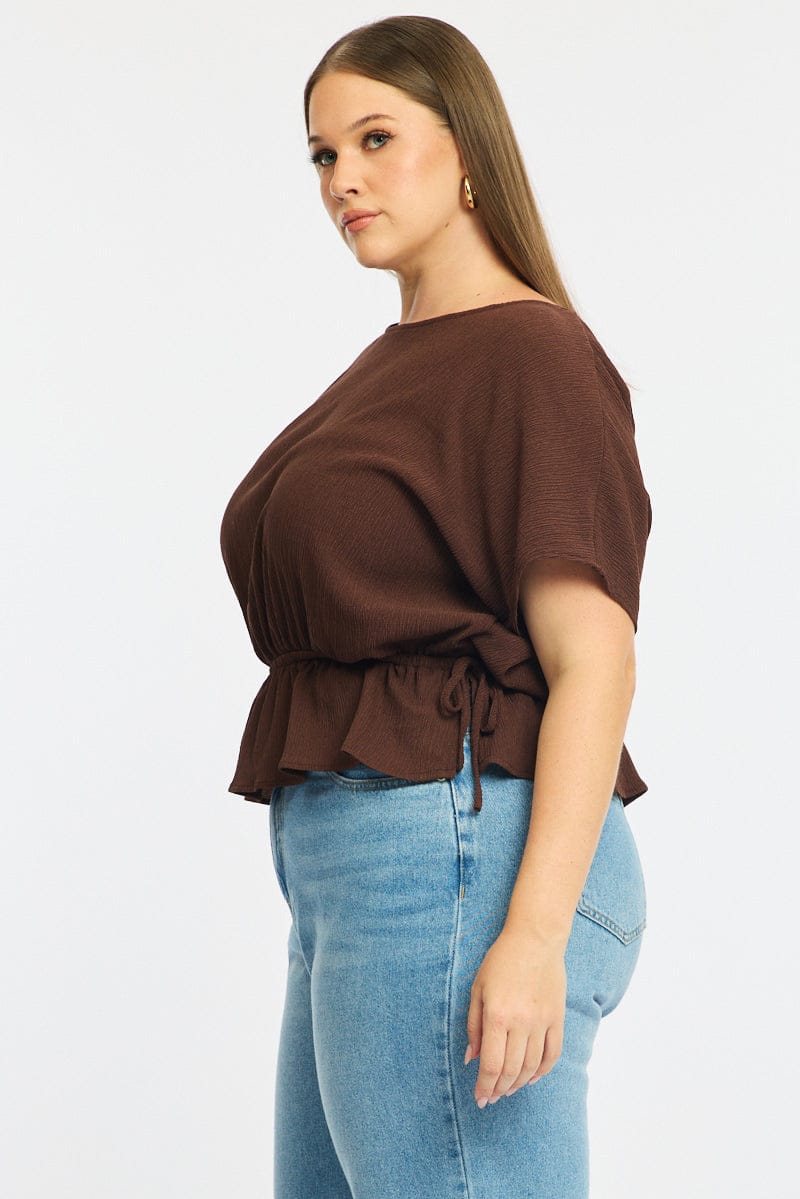 Brown Textured Top Short Sleeve Waist Tie for YouandAll Fashion