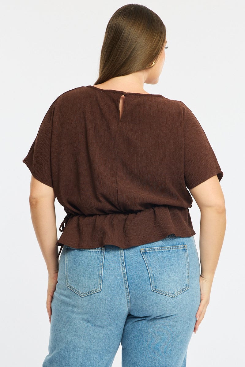 Brown Textured Top Short Sleeve Waist Tie for YouandAll Fashion