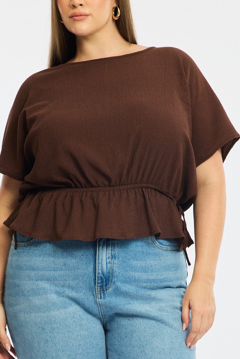 Brown Textured Top Short Sleeve Waist Tie for YouandAll Fashion