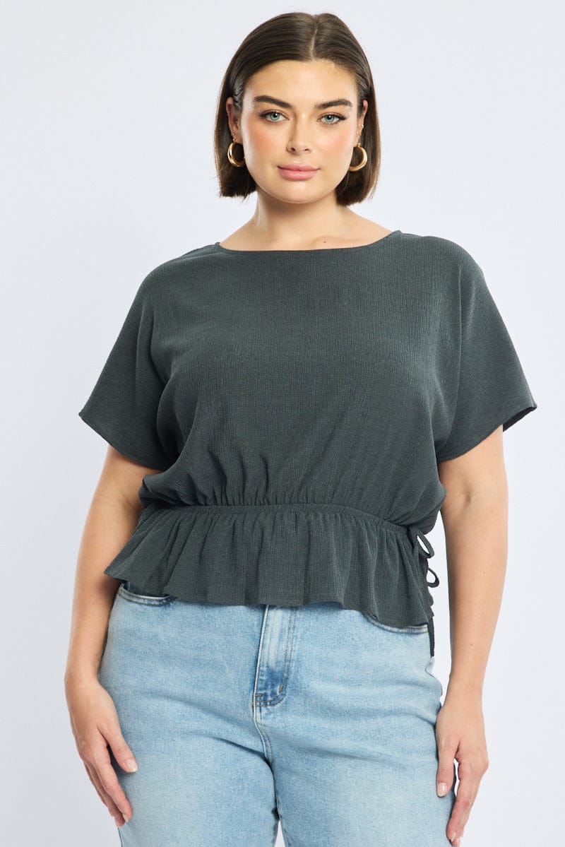 Grey Textured Top Short Sleeve Waist Tie for YouandAll Fashion