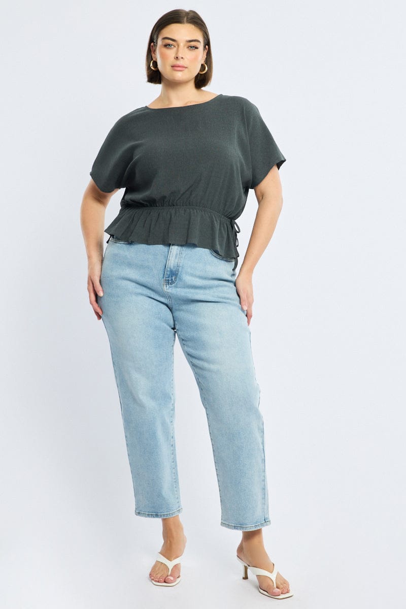 Grey Textured Top Short Sleeve Waist Tie for YouandAll Fashion