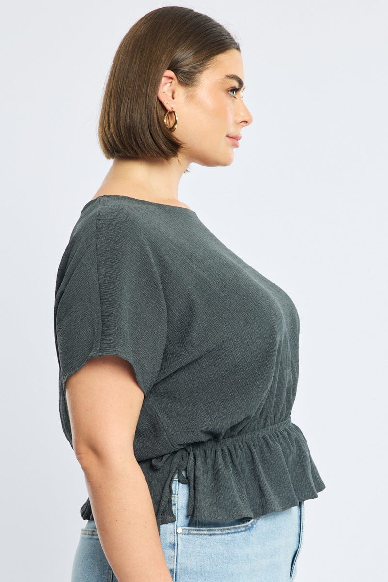 Grey Textured Top Short Sleeve Waist Tie for YouandAll Fashion
