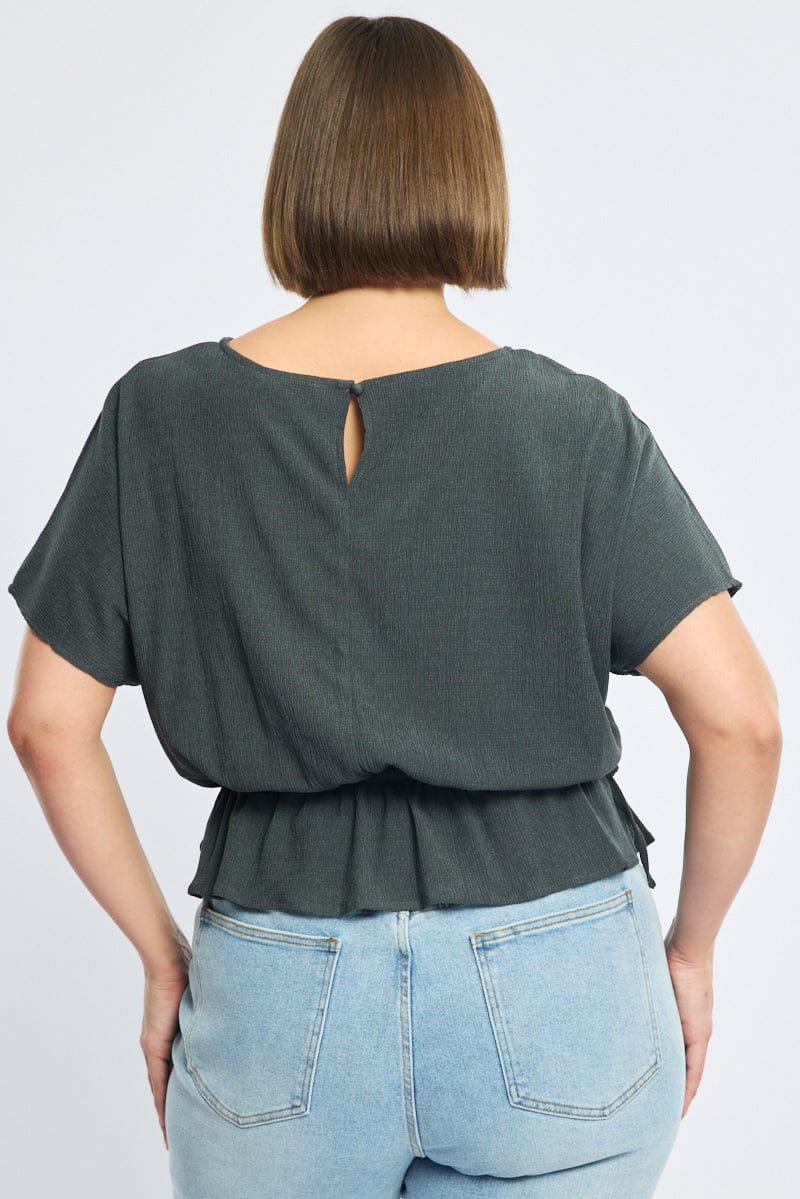 Grey Textured Top Short Sleeve Waist Tie for YouandAll Fashion