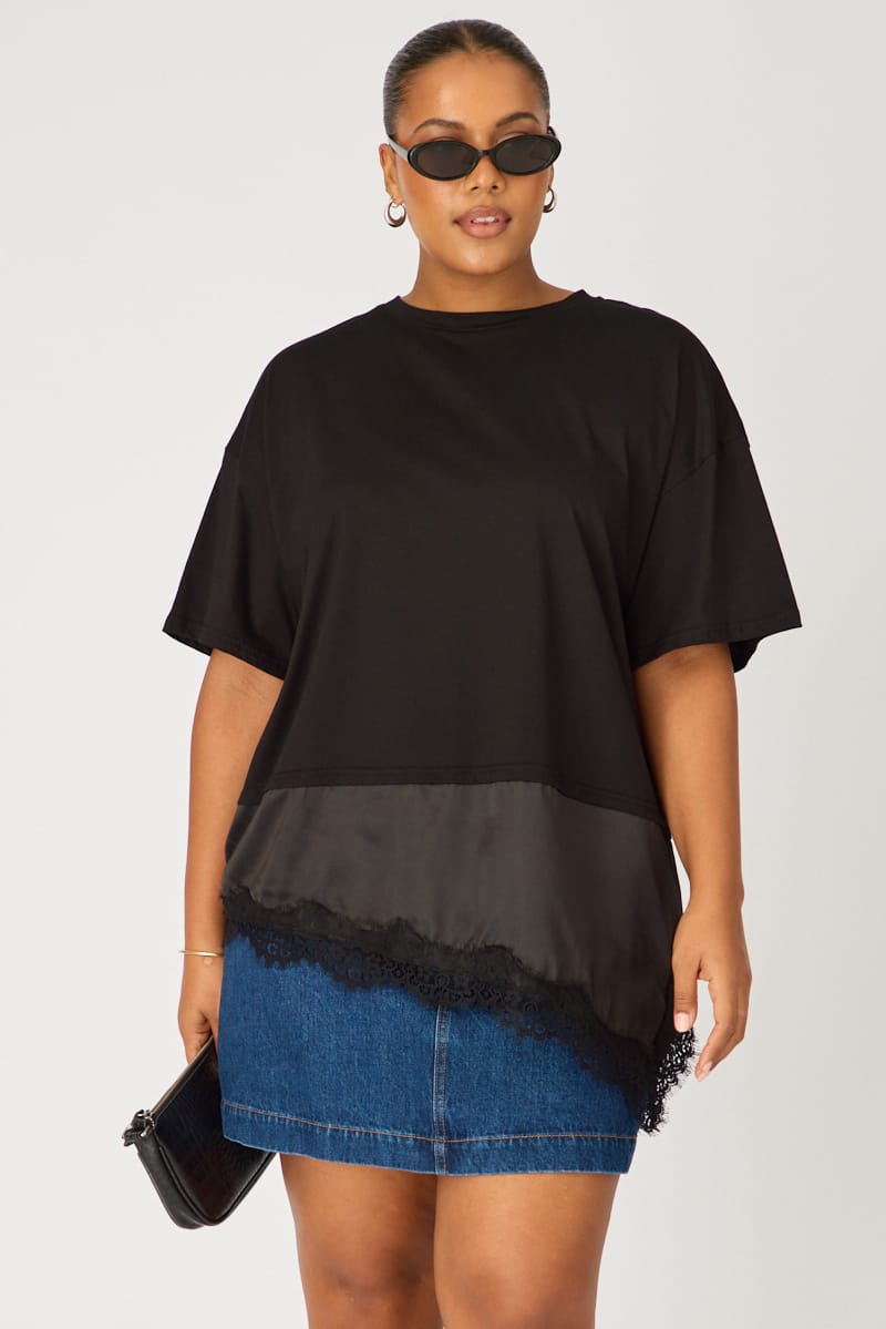 Black T-shirt Short Sleeve Lace Trim for YouandAll Fashion