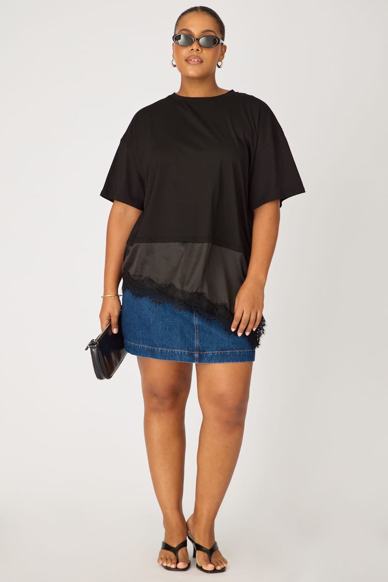 Black T-shirt Short Sleeve Lace Trim for YouandAll Fashion