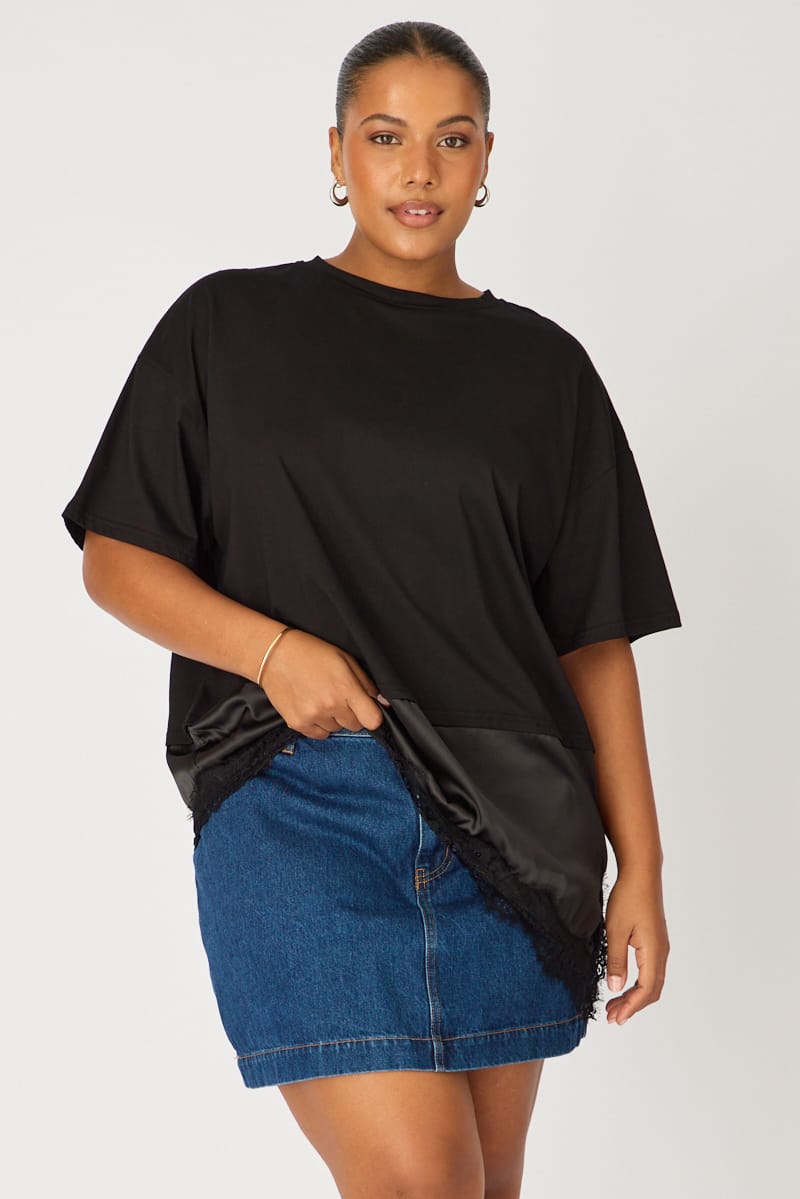 Black T-shirt Short Sleeve Lace Trim for YouandAll Fashion