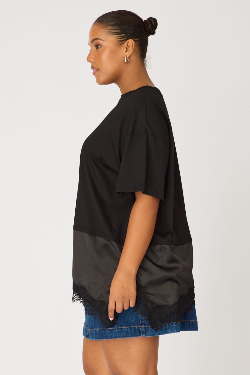 Black T-shirt Short Sleeve Lace Trim for YouandAll Fashion