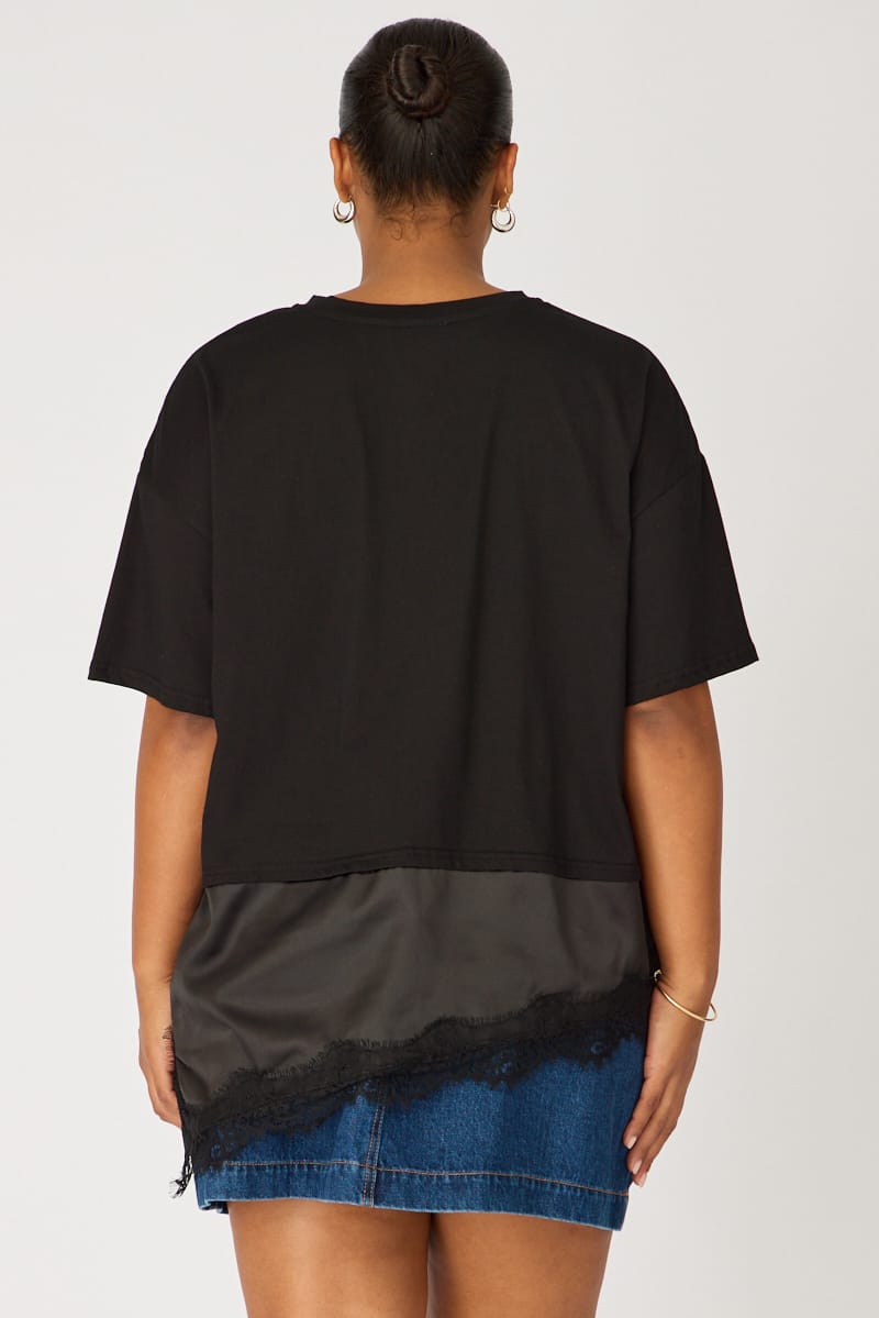 Black T-shirt Short Sleeve Lace Trim for YouandAll Fashion