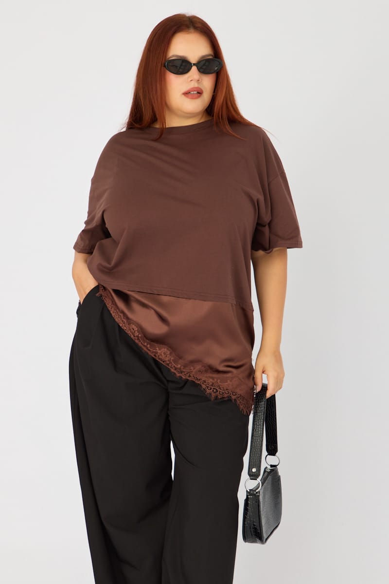 Brown T-shirt Short Sleeve Lace Trim for YouandAll Fashion