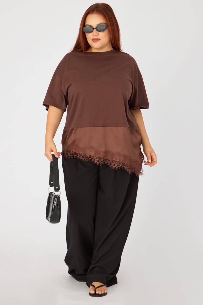 Brown T-shirt Short Sleeve Lace Trim for YouandAll Fashion