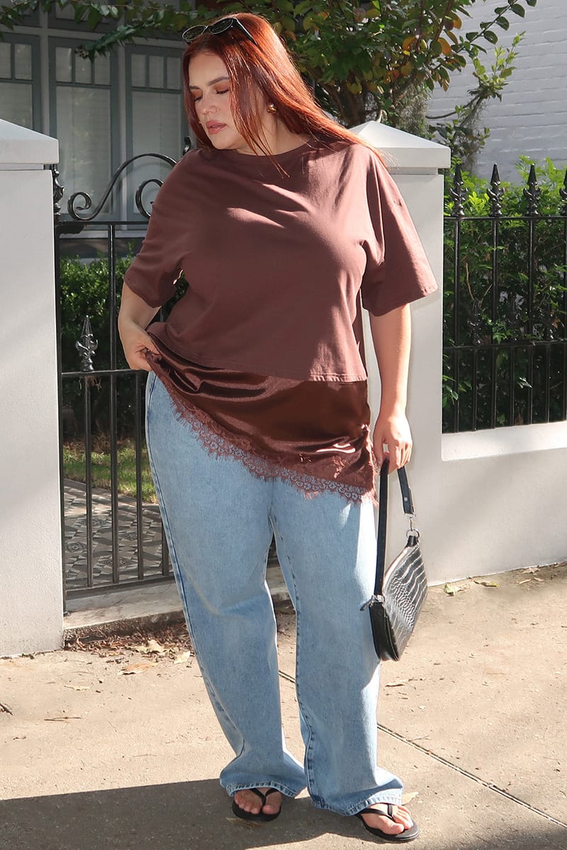 Brown T-shirt Short Sleeve Lace Trim for YouandAll Fashion
