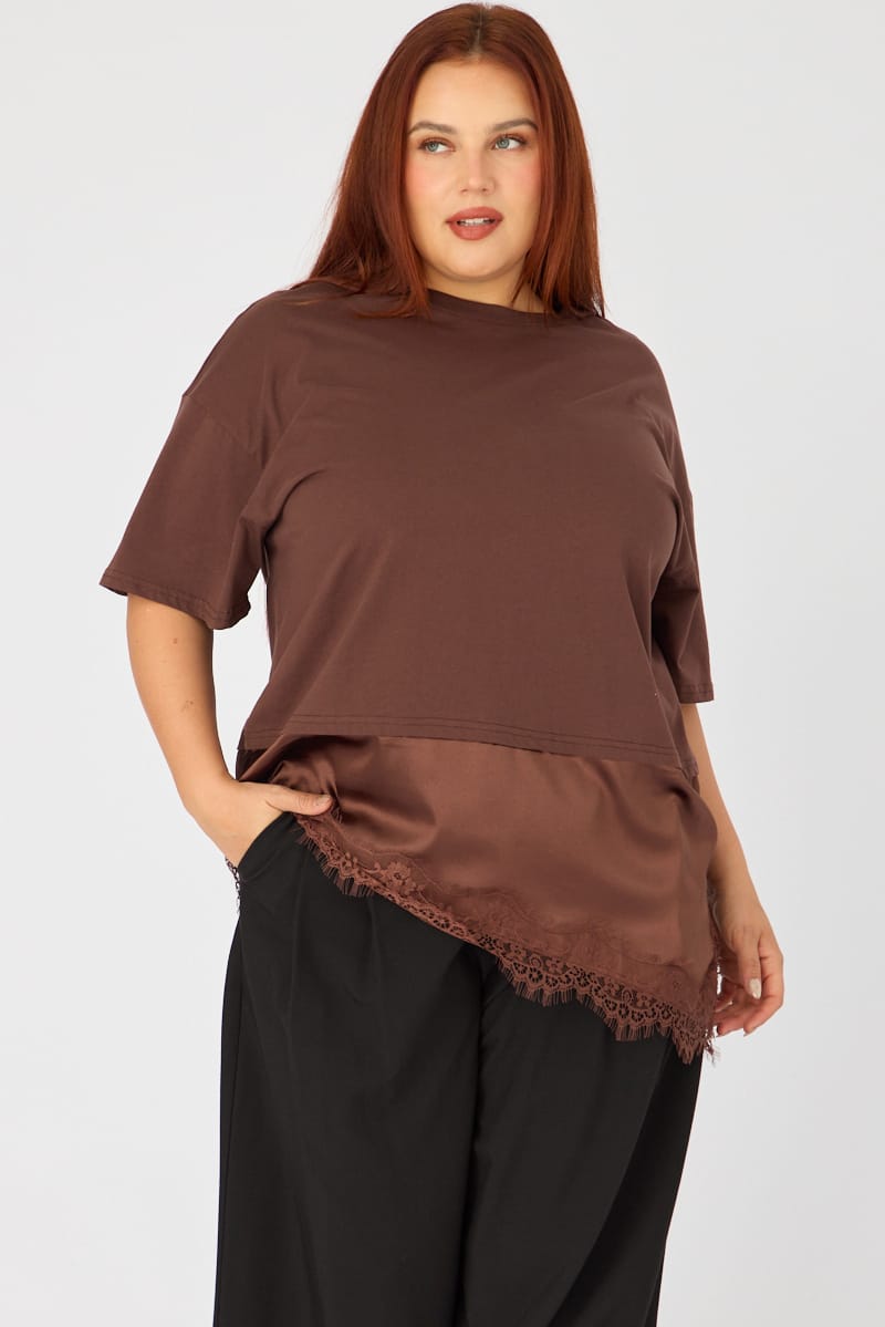 Brown T-shirt Short Sleeve Lace Trim for YouandAll Fashion