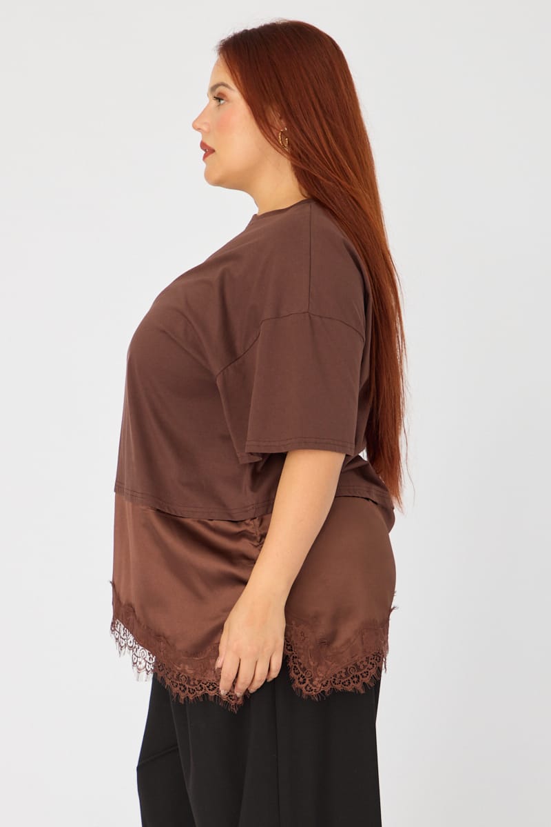 Brown T-shirt Short Sleeve Lace Trim for YouandAll Fashion